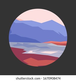 Minimalist landscape in circle. Bright colors of nature in vector. Mountains, forests and lakes in geometric stylisation.