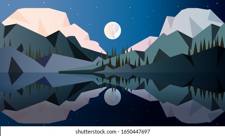 Minimalist landscape in cold colors with high mountains covered with forest, moon, stars and mirror surface of the reservoir in which the whole scene is abandoned. Vector illustration. EPS10