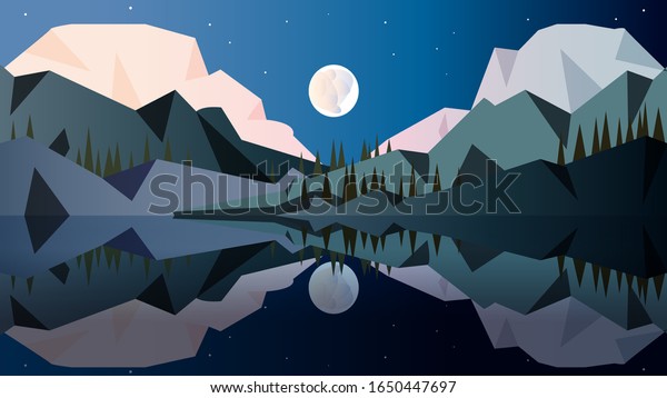 Minimalist\
landscape in cold colors with high mountains covered with forest,\
moon, stars and mirror surface of the reservoir in which the whole\
scene is abandoned. Vector illustration.\
EPS10