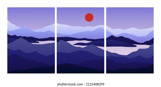 Minimalist landscape collage. Abstract posters mountains lake sea moon sun, contemporary vector wall art design for print