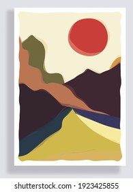 Minimalist landscape composition. Mid century modern graphic. 70s retro funky graphic. Grunge texture. Travel and tourism concept. Design for social media, blog post, banner, web template. Vector