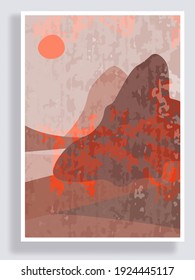  Minimalist landscape composition. Mid century modern graphic. 70s retro funky graphic. Grunge texture. Travel and tourism concept. Design for social media, blog post, banner, web template. Vector
