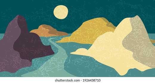 Minimalist landscape composition. Mid century modern graphic. 70s retro funky graphic. Grunge texture. Travel and tourism concept. Design for social media, blog post, banner, web template. Vector