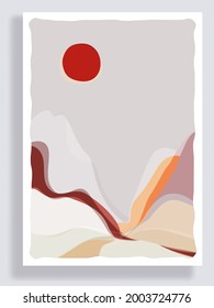 Composición de paisaje minimalista. Gráfico moderno de mediados de siglo. Gráfica retro funky de los años 70. Grunge textura. Concepto de viajes y turismo. Diseño para medios sociales, post de blog, banner, plantilla web. Vector
