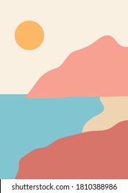 Minimalist landscape design, flat illustration, poster mountains sea and sun with nice colors, flat design illustration