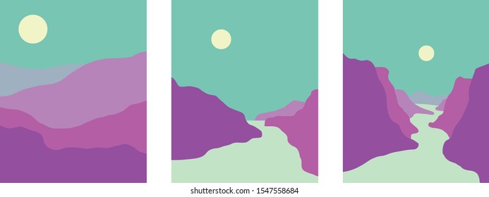 Minimalist landscape design, flat scenery postcard,nordic scandinavian design,poster set mountains lake full moon purple and blue color palette