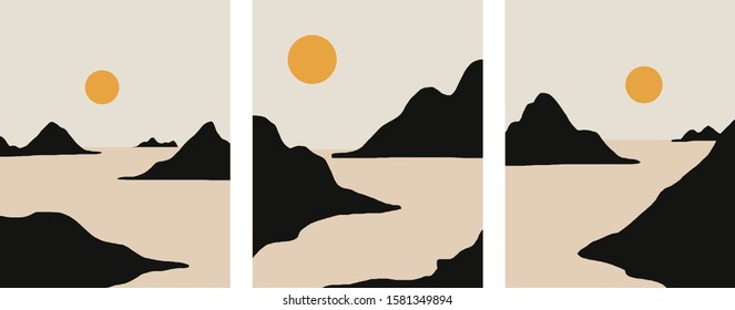 Minimalist landscape design, flat scenery postcard,nordic scandinavian design,poster set mountains lake sunset neutral colors