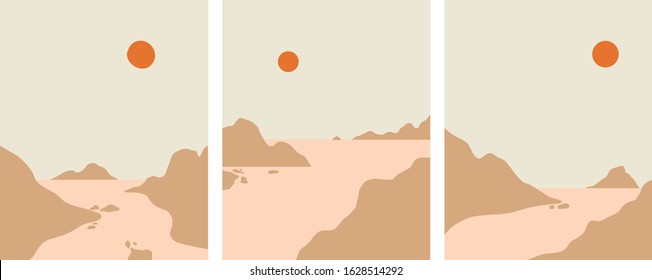 Minimalist landscape design, flat scenery postcard,nordic scandinavian design,poster set mountains lake sunset earthy tones  color palette