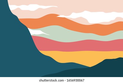 Minimalist landscape design  flat scenery postcard nordic scandinavian design poster mountains lake full moon purple and blue color palette 