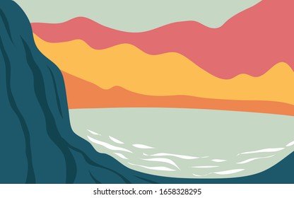 Minimalist landscape design flat scenery postcard nordic scandinavian design poster mountains lake dark and bright palette