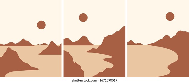 Minimalist landscape design,
flat scenery postcard,nordic scandinavian design,poster set 
mountains, lake, sunset, beach. vector