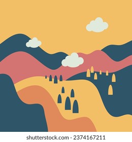 Minimalist landscape design flat scenery postcard nordic scandinavian design poster mountains lake full moon purple and blue color palette