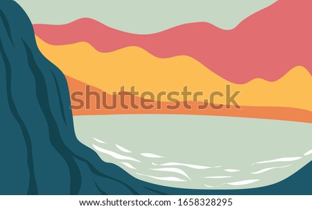 Minimalist landscape design flat scenery postcard nordic scandinavian design poster mountains lake dark and bright palette