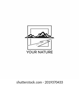 Minimalist landscape design of outdoor logo with Mountain and nature. Mountain and outdoor adventure logo design inspiration stock illustration