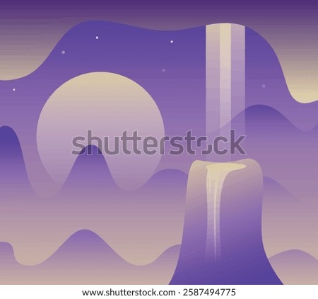 Image, Stock Photo A solitary tree silhouette stands against a dramatic gradient of sunset colors, enveloped in mist