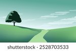 Minimalist landscape features a peaceful scene below the soft blue sky with wispy clouds and a solitary tree standing on a hill overlooking a winding path of green and blue tones