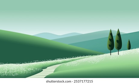 Minimalist landscape features a peaceful scene with rolling green hills, a winding path, and a field of white flowers and three tall, dark green trees standing on the hillside in green and blue tones