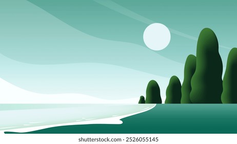 Paisaje minimalista con un escenario de playa sereno con una luna Grande que cuelga sobre un mar turquesa tranquilo. Una línea de árboles altos y de color verde oscuro se erige silueta contra el suave cielo de tonos verdes y azules