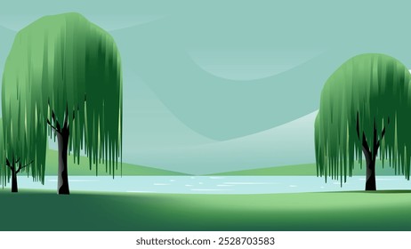 Minimalistische Landschaft mit einer ruhigen Landschaft mit großen weinenden Weiden steht anmutig neben einem ruhigen See von Grün-und Blautönen