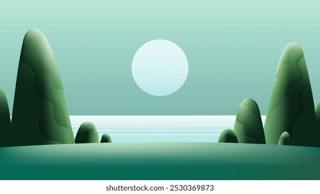 El paisaje minimalista presenta un escenario sereno con colinas onduladas, un cuerpo de agua tranquilo y una luna Grande y brillante en el cielo en tonos verdes y azules