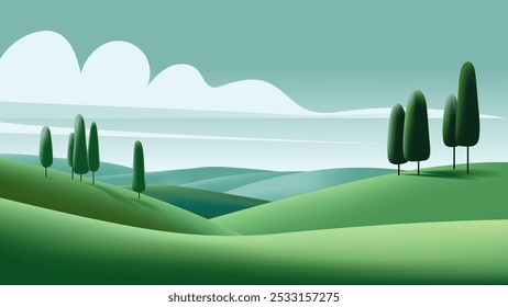 Minimalist landscape features a serene scene with rolling green hills and a clear blue sky with fluffy clouds. There are several tall, dark green trees standing on the hills in green and blue tones