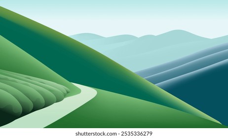 Minimalist landscape features a serene scene with rolling green hills and a winding road in green and blue tones