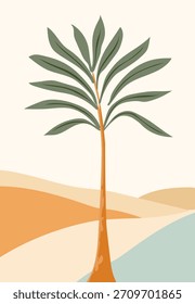Minimalist landscape featuring a palm tree, orange sand dunes, and blue water.