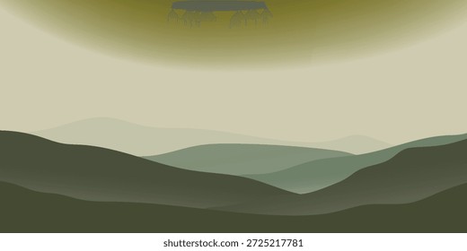 Uma paisagem minimalista com colinas em diferentes tons de verde e um céu sereno e de cor clara, criando uma atmosfera tranquila e pacífica.