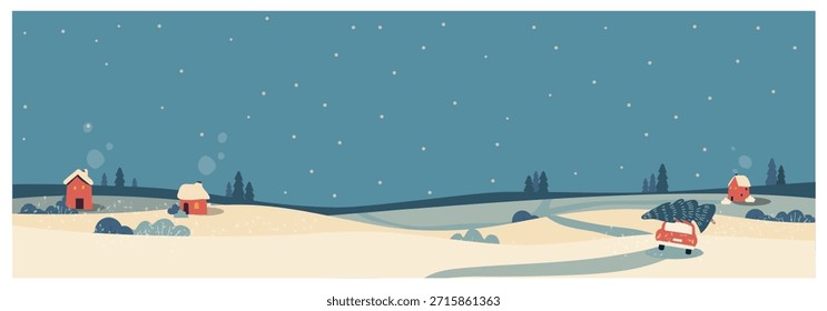 Ilustración minimalista del paisaje del campo del invierno del diseño plano del paisaje con la nevada, los árboles de pino, y las cabañas acogedoras para las Navidades y el año Nuevo.