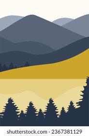 Minimalist landscape with forest and water poster illustration. Mountain and lake