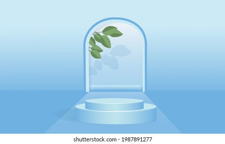Minimalist landscape with geometric shapes. minimalist cylindrical podium on a blue background with leaves. product presentation, mock up, cosmetic product display, Podium, stage or platform.