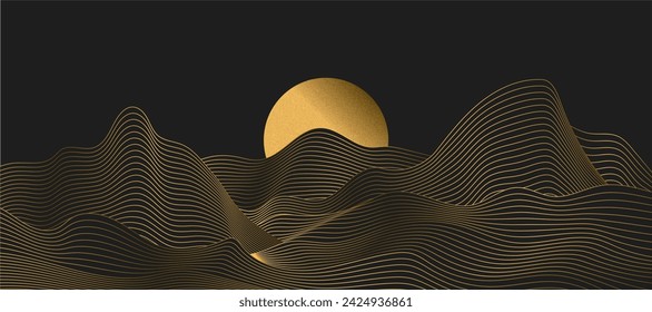 Minimalist landscape golden linear mountains. Vector moon and sun with abstract gold lines. Japanese style concept. Graphic flat design style.