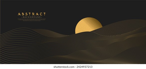 Minimalist landscape golden linear mountains. Vector moon and sun with abstract gold lines. Graphic flat design style. Japanese style concept. 