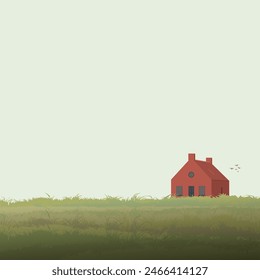 Minimalist landscape grass field with barn geometric shape flat design illustrated have blank space.