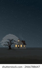 Minimalist landscape grass field with country house and big tree at night flat design illustrated have blank space.