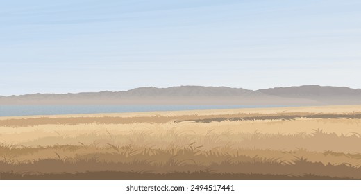 Paisaje minimalista de campo de hierba, lago y cordilleras en la temporada de otoño gráfico de diseño plano ilustrado.