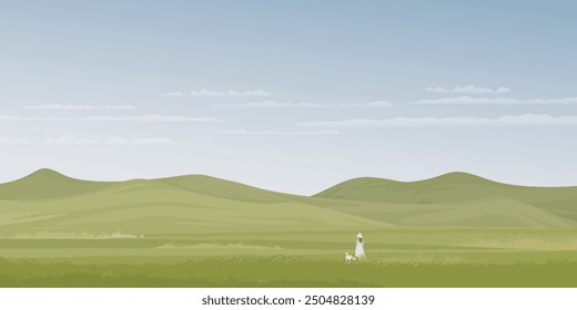 Minimalist landscape grass field and mountain ranges with a woman handling her dog on the leash graphic illustration have blank space.
