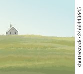 Minimalist landscape grass field with old church flat design illustrated have blank space.