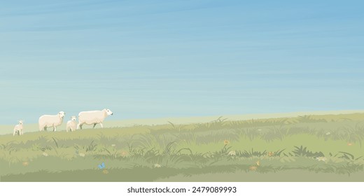 Minimalist landscape grass hill with sheep family side view graphic illustrated have blank space.