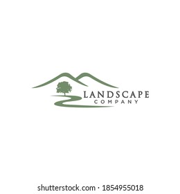 Minimalist Landscape Hills Mountain Peaks with tree Vector logo design