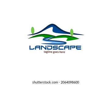 Minimalist Landscape Hills, Mountain Peaks River Creek Simple logo design Vector