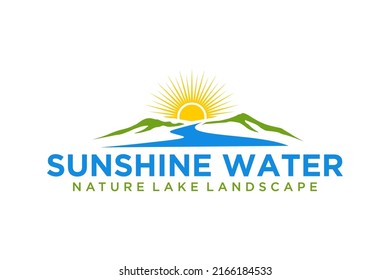 Minimalist Landscape Hills, Mountain Peaks River Creek sunrise Simple logo design Vector 
