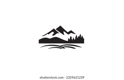 Minimalist Landscape Hills, Mountain Peaks River Creek Simple black logo design Vector on white background