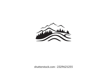 Hilados paisajísticos minimalistas, Mountain Peaks River Creek Diseño de logotipo negro simple Vector sobre fondo blanco