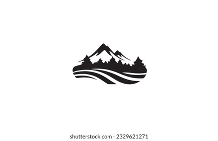 Minimalist Landscape Hills, Mountain Peaks River Creek Simple black logo design Vector on white background
