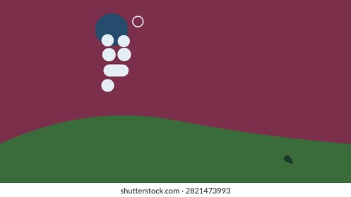 A minimalist landscape illustration featuring floating white rounded shapes and a prominent sun. The design is set against a deep plum background with a dark green hill creating a clean and modern artistic statement.