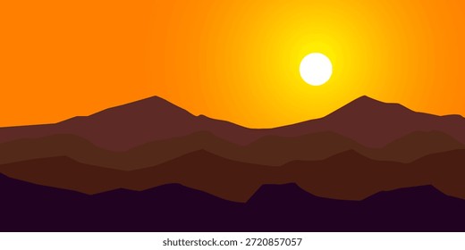 Eine minimalistische Landschaftsdarstellung mit geschichteten Bergen in Braun- und Violetttönen, die sich an einem orangefarbenen Himmel mit einer hellen Sonne ausrichtet.