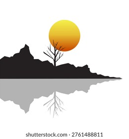 Minimalist landscape illustration featuring a mountain silhouette, a lone tree, and a warm sunset with reflection on calm water. Concept of tranquility, nature, balance, solitude, and peaceful scenery. Ideal for background, meditation, travel, and environmental themes.