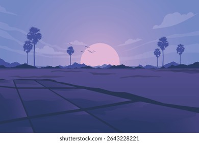 Uma ilustração de paisagem minimalista com palmeiras, um grande pôr do sol e nuvens sutis sobre os campos, todas renderizadas em tons roxos e azuis.