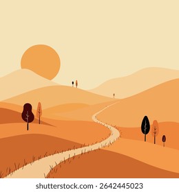 A minimalist landscape illustration featuring rolling hills, a winding path, trees, and a setting sun in warm, autumnal tones.
